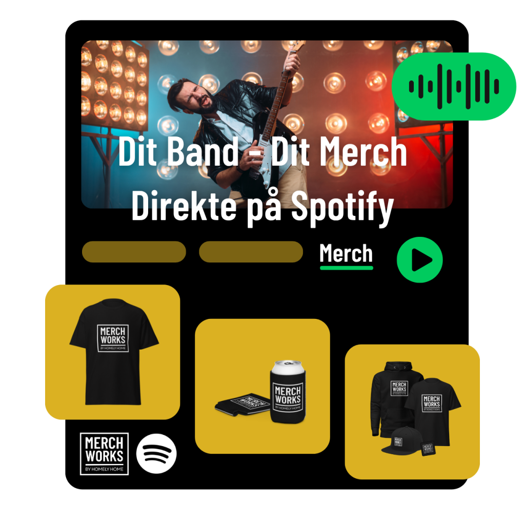 Musiker spiller guitar – “Dit Band = Dit Merch, direkte på Spotify” – MerchWorks merch (T-shirt, hoodie, cap, koozie).
