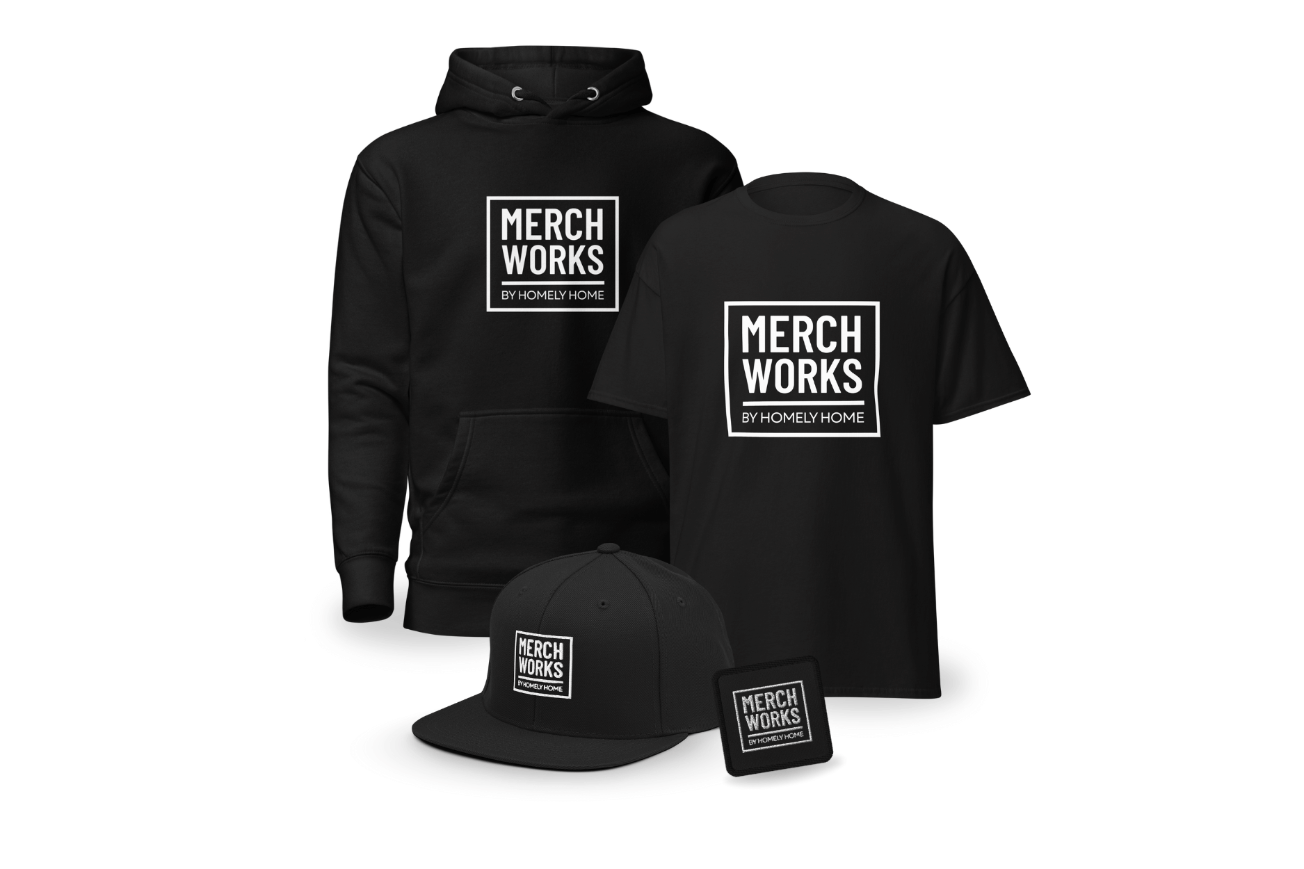 MerchWorks band merch – hoodie, t-shirt, cap og patch med logo