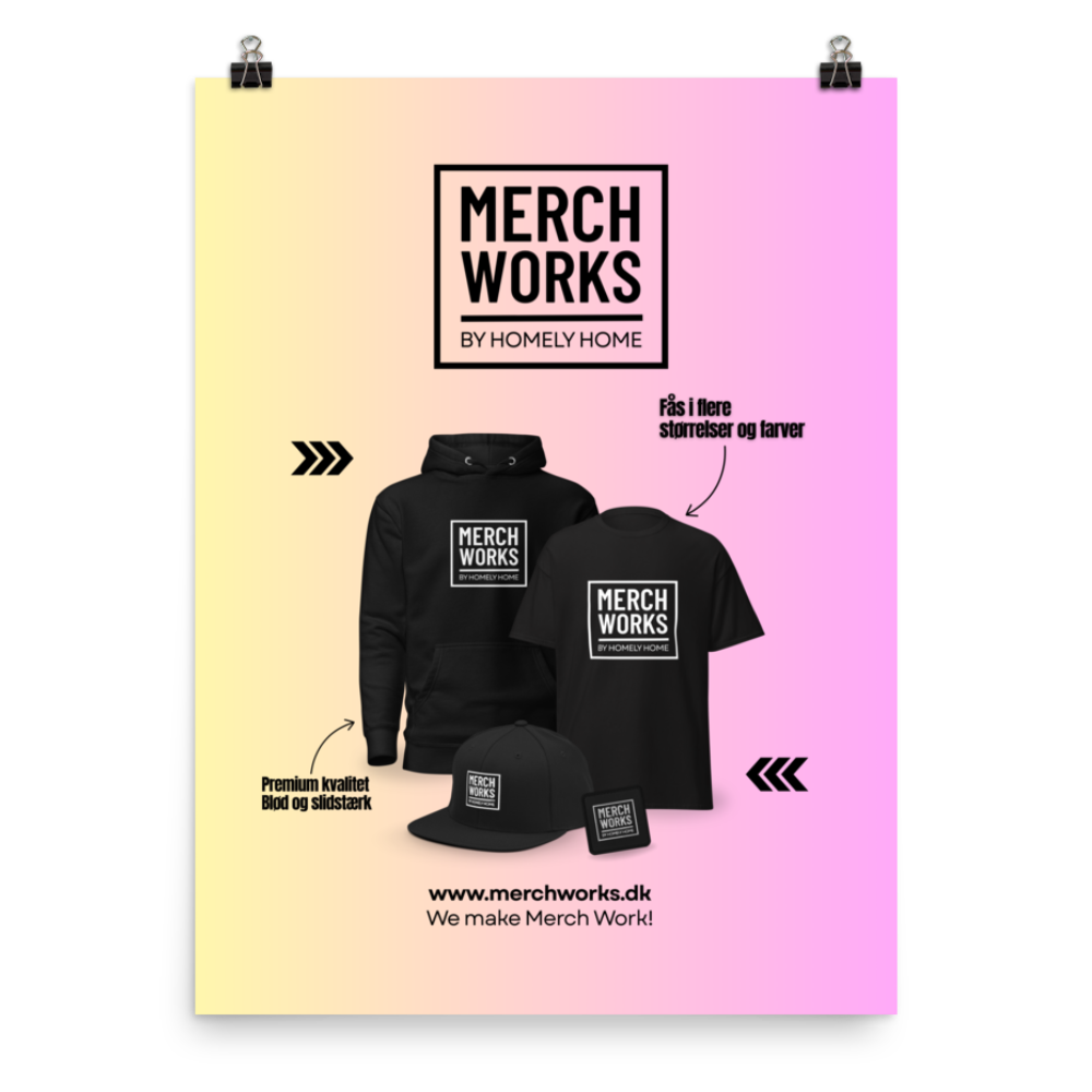 Poster med MerchWorks produktkollektion på gradient baggrund