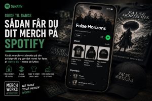 Mockup der viser et metalband med merch integreret direkte på Spotify artistprofil via MerchWorks made-to-order løsning.