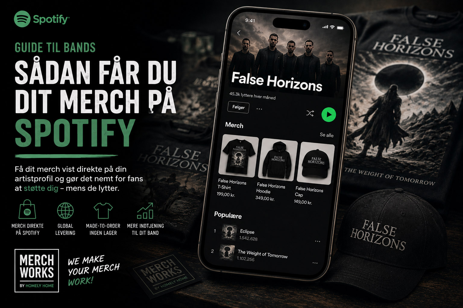 Mockup der viser et metalband med merch integreret direkte på Spotify artistprofil via MerchWorks made-to-order løsning.