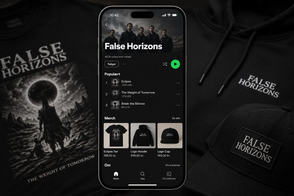 Mockup af smartphone med Spotify artistprofil og integreret merch fra et metalcore-band vist direkte i appen sammen med t-shirts, hoodie og caps fra MerchWorks.