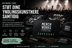 Kampagnebanner for MerchWorks gavekort med koncertstemning, band merch og teksten “Støt dine yndlingskunstnere samtidig”.